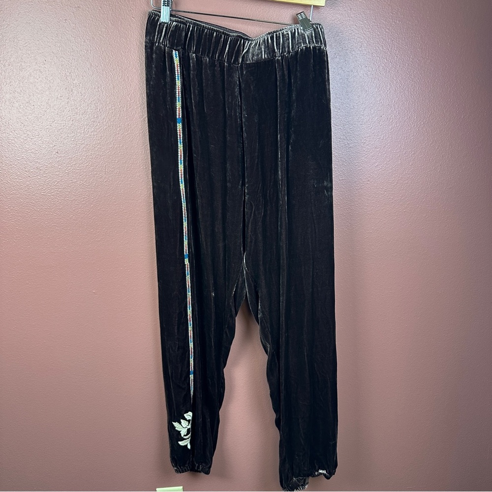 Johnny Was Santal Velvet Jogger chocolate brown pull on pants with embroidery